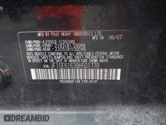 2008 Subaru Impreza i с VIN JF1GE61638H501778, выставлен на аукционе IAAI как лот 42320313 с пробегом 121 373 миль миль и . История ставок и продаж доступна на DreamBid. Изображение 9.