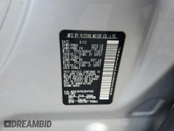 2012 Nissan Quest SL with VIN JN8AE2KP0C9047920, listed as a Copart auction lot 41706135 with 127,423 mi miles and Salvage Title. Bid and sale history available at carsss.com. Image 13.