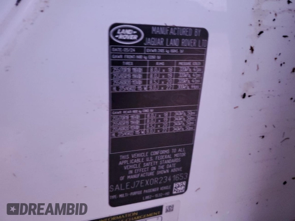 2024 Land Rover Defender S with VIN SALEJ7EX0R2341653, listed as a Copart auction lot 77228254 with Not provided miles and Salvage title. Bid and sale history available at DreamBid. Image 14.
