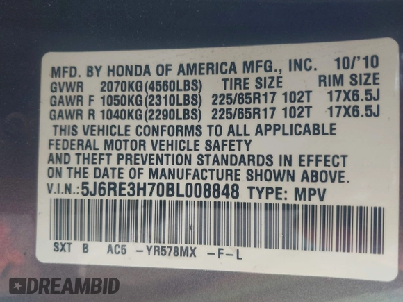 2011 Honda CR-V EX-L with VIN 5J6RE3H70BL008848, listed as a IAAI auction lot 42046445 with 156,240 mi miles. Bid and sale history available at carsss.com. Image 9.