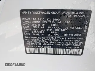 2024 Volkswagen Atlas SEL Premium R-Line with VIN 1V2FR2CAXRC582084, listed as a IAAI auction lot 42228600 with 20,389 mi miles and . Bid and sale history available at DreamBid. Image 9.