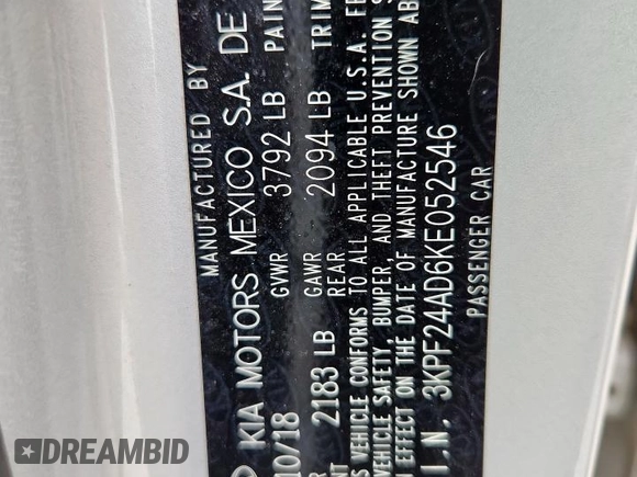 2019 Kia Forte LXS с VIN 3KPF24AD6KE052546, выставлен на аукционе Copart как лот 59309555 с пробегом 74 185 миль миль и Списание • Salvage title. История ставок и продаж доступна на DreamBid. Изображение 12.
