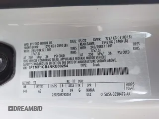 2022 Ford F-150 XL z VIN 1FTMF1CB4NKE00254, wystawiony jako IAAI lot #42334773 z przebiegiem 42 423 mil mil oraz . Historia ofert i sprzedaży dostępna na DreamBid. Obrazek 9.