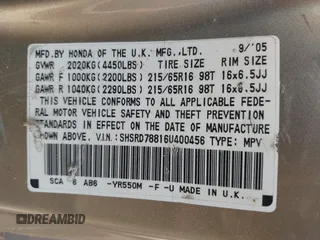 2006 Honda CR-V EX with VIN SHSRD78816U400456, listed as a IAAI auction lot 42095639 with 200,752 mi miles and . Bid and sale history available at carsss.com. Image 9.