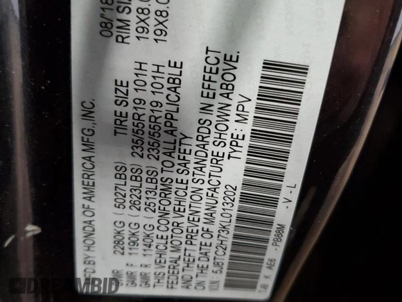 2019 Acura RDX Advance with VIN 5J8TC2H73KL013202, listed as a Copart auction lot 46850345 with 39,596 mi miles and Salvage Title. Bid and sale history available at DreamBid. Image 14.