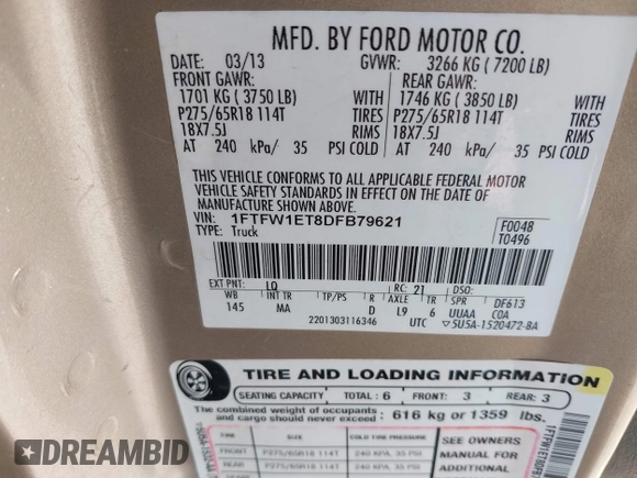 2013 Ford F-150 XL with VIN 1FTFW1ET8DFB79621, listed as a IAAI auction lot 41996982 with 179,817 mi miles. Bid and sale history available at carsss.com. Image 9.