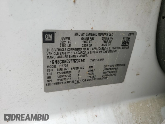 2015 Chevrolet Tahoe LT z VIN 1GNSCBKC7FR294141, wystawiony jako Copart lot #52937095 z przebiegiem 232 473 mil mil oraz Szkoda całkowita • Salvage title. Historia ofert i sprzedaży dostępna na DreamBid. Obrazek 15.