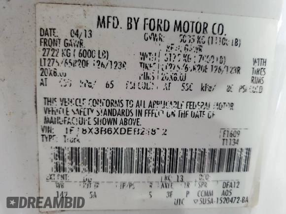 2013 Ford F-350 XL with VIN 1FT8X3B6XDEB21872, listed as a Copart auction lot 53127805 with 102,484 mi miles and Salvage title. Bid and sale history available at DreamBid. Image 12.