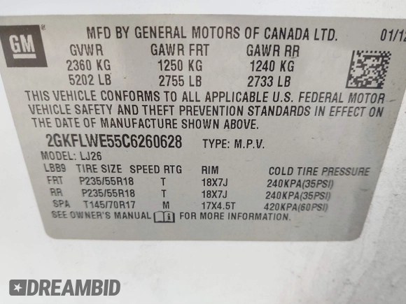 2012 GMC Terrain SLT-2 with VIN 2GKFLWE55C6260628, listed as a IAAI auction lot 41786432 with 182,825 mi miles. Bid and sale history available at carsss.com. Image 9.