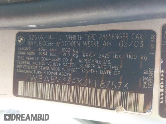 2003 BMW 3 Series 325i z VIN WBAEV334X3KL87573, wystawiony jako IAAI lot #42311092 z przebiegiem 262 326 mil mil oraz . Historia ofert i sprzedaży dostępna na DreamBid. Obrazek 9.
