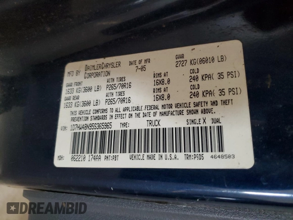 2005 Dodge Dakota SLT with VIN 1D7HW48N95S365965, listed as a Copart auction lot 48505355 with 144,053 mi miles and Salvage Title. Bid and sale history available at carsss.com. Image 12.