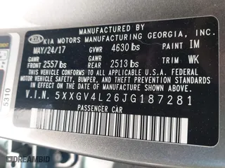 2018 Kia Optima SX with VIN 5XXGV4L26JG187281, listed as a IAAI auction lot 41887939 with 124,782 mi miles. Bid and sale history available at carsss.com. Image 9.