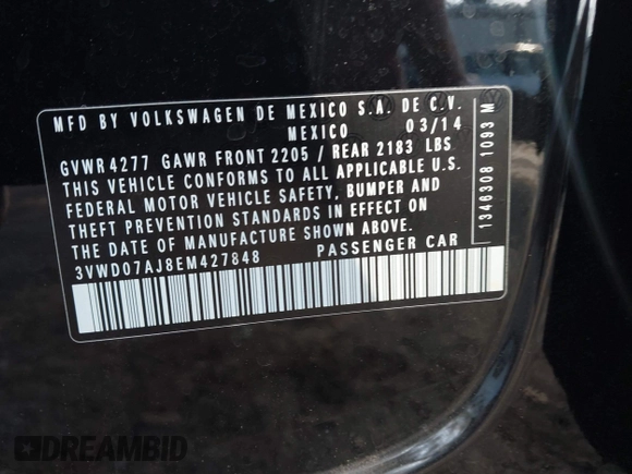 2014 Volkswagen Jetta Sedan SE w/Connectivity with VIN 3VWD07AJ8EM427848, listed as a IAAI auction lot 40988647 with 134,773 mi miles. Bid and sale history available at carsss.com. Image 9.