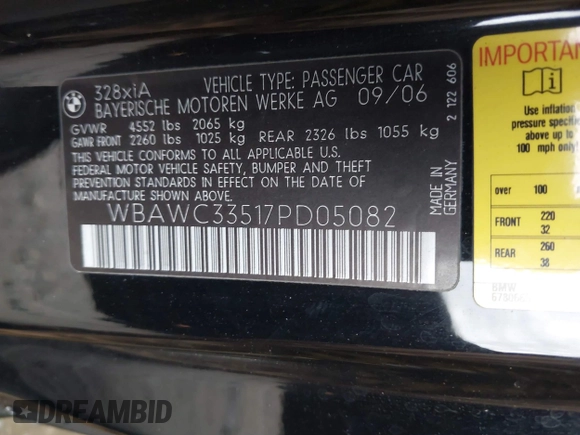 2007 BMW 3 Series 328xi with VIN WBAWC33517PD05082, listed as a IAAI auction lot 38964569 with 76,404 mi miles and . Bid and sale history available at DreamBid. Image 9.