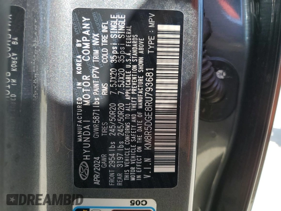 2024 Hyundai Palisade Limited z VIN KM8R5DGE8RU793681, wystawiony jako Copart lot #45898925 z przebiegiem 8 136 mil mil oraz Nie do naprawy • Non repairable. Historia ofert i sprzedaży dostępna na DreamBid. Obrazek 14.