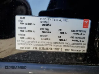 2020 Tesla Model S Long Range with VIN 5YJSA1E20LF390710, listed as a Copart auction lot 53388975 with 93,682 mi miles and Salvage title. Bid and sale history available at DreamBid. Image 12.