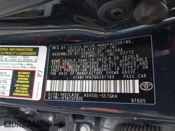 2013 Toyota Camry L with VIN 4T4BF1FK7DR297189, listed as a IAAI auction lot 41857506 with 134,476 mi miles. Bid and sale history available at carsss.com. Image 9.