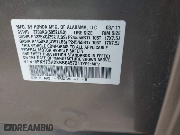 2011 Honda Pilot LX with VIN 5FNYF3H2XBB045721, listed as a IAAI auction lot 42791364 with 149,258 mi miles and . Bid and sale history available at DreamBid. Image 9.