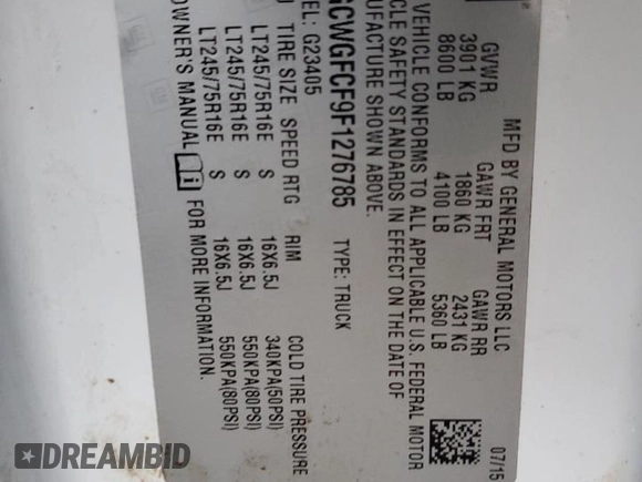 2015 Chevrolet Express Cargo with VIN 1GCWGFCF9F1276785, listed as a Copart auction lot 44939555 with 216,253 mi miles and Salvage title. Bid and sale history available at DreamBid. Image 12.