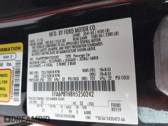 2017 Ford Mustang EcoBoost z VIN 1FA6P8TH8H5250242, wystawiony jako IAAI lot #41928531 z przebiegiem 81 632 mil mil oraz . Historia ofert i sprzedaży dostępna na DreamBid. Obrazek 9.