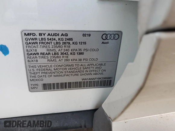 2019 Audi Q5 Premium with VIN WA1ANAFY9K2065861, listed as a Copart auction lot 68980612 with 19,742 mi miles. Bid and sale history available at carsss.com. Image 13.