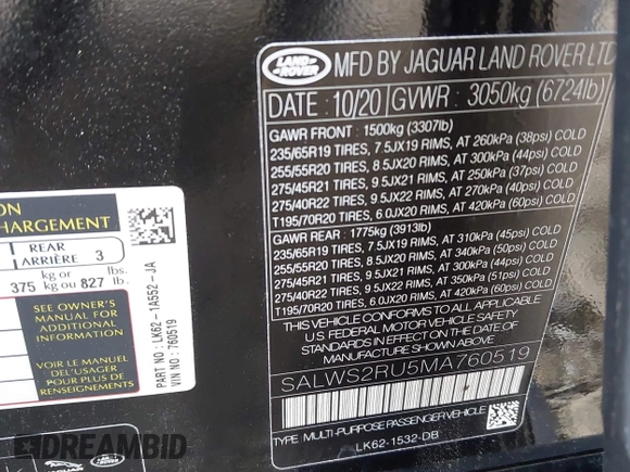2021 Land Rover Range Rover Sport HST with VIN SALWS2RU5MA760519, listed as a IAAI auction lot 42115864 with 29,885 mi miles and . Bid and sale history available at DreamBid. Image 9.
