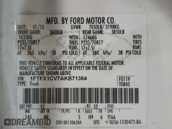 2010 Ford F-150 XL with VIN 1FTFX1CV7AKB71384, listed as a Copart auction lot 82047394 with 149,606 mi miles and Salvage Title. Bid and sale history available at carsss.com. Image 12.