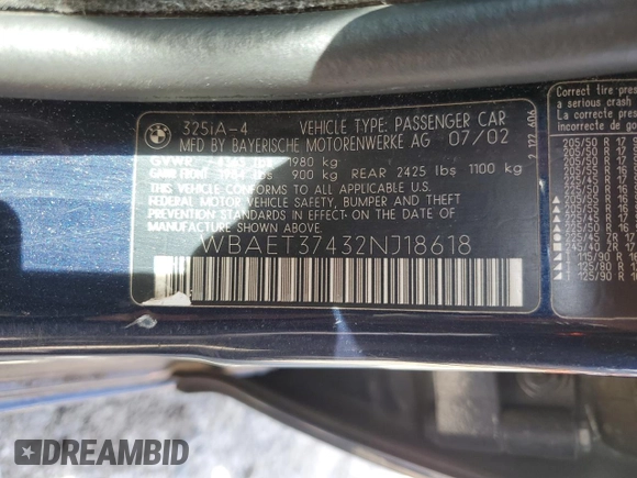 2002 BMW 3 Series 325i with VIN WBAET37432NJ18618, listed as a Copart auction lot 45712215 with 204,462 mi miles and Salvage Title. Bid and sale history available at carsss.com. Image 12.
