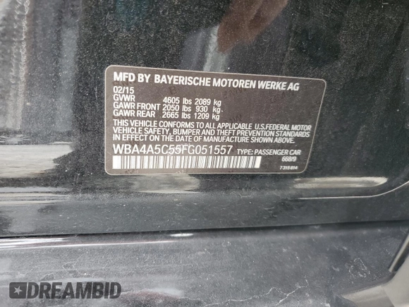 2015 BMW 4 Series 428i with VIN WBA4A5C55FG051557, listed as a Copart auction lot 47899115 with 91,292 mi miles and Salvage Title. Bid and sale history available at DreamBid. Image 13.