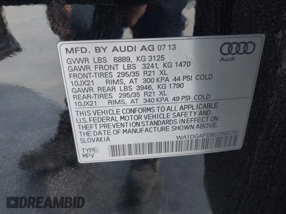 2014 Audi Q7 3.0T S line Prestige with VIN WA1DGAFE8ED003731, listed as a IAAI auction lot 41342173 with 65,118 mi miles. Bid and sale history available at carsss.com. Image 9.