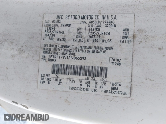 2003 Ford F-150 XL with VIN 1FTRF17W13NB65293, listed as a IAAI auction lot 41264978 with Not Provided miles and . Bid and sale history available at DreamBid. Image 9.