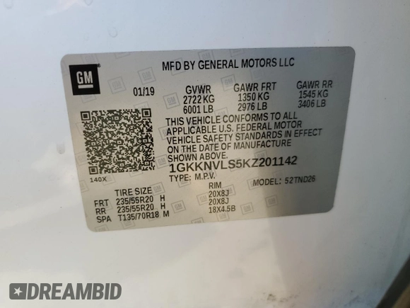 2019 GMC Acadia SLT with VIN 1GKKNVLS5KZ201142, listed as a Copart auction lot 80042984 with Not Provided miles and Salvage Title. Bid and sale history available at DreamBid. Image 13.