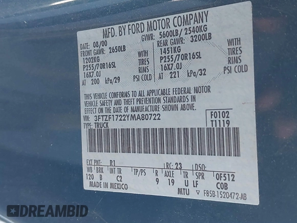 2000 Ford F-150 XL with VIN 3FTZF1722YMA80722, listed as a IAAI auction lot 40449042 with 205,576 mi miles and . Bid and sale history available at DreamBid. Image 9.