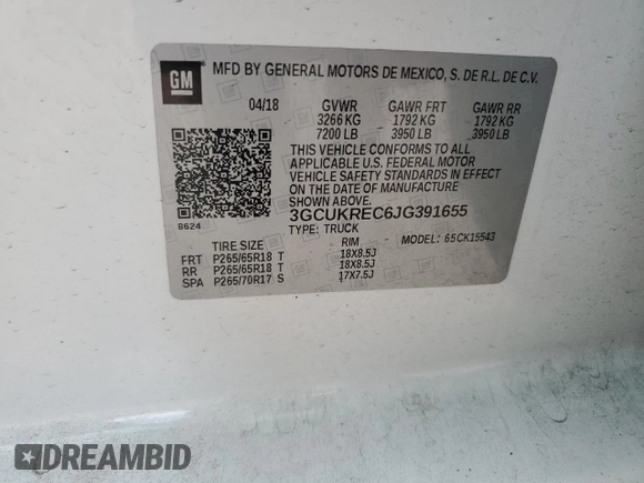 2018 Chevrolet Silverado 1500 LT with VIN 3GCUKREC6JG391655, listed as a Copart auction lot 53999545 with 88,020 mi miles and Salvage Title. Bid and sale history available at carsss.com. Image 12.