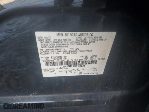 2015 Lincoln MKT with VIN 2LMHJ5NKXFBL00126, listed as a Copart auction lot 42053775 with 248,218 mi miles and Salvage Title. Bid and sale history available at DreamBid. Image 14.