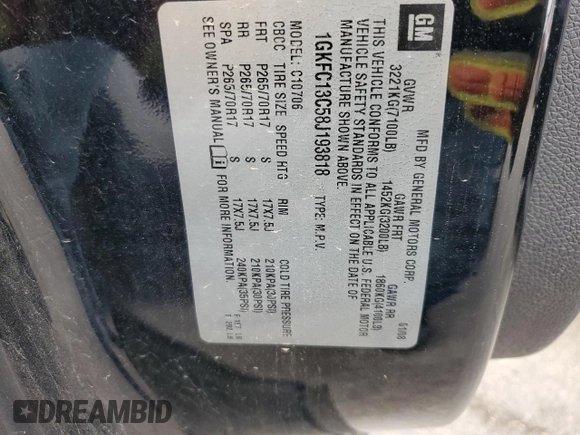 2008 GMC Yukon SLE w/3SA with VIN 1GKFC13C58J193818, listed as a Copart auction lot 84004714 with 158,121 mi miles and Salvage Title. Bid and sale history available at carsss.com. Image 13.