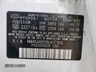 2008 Hyundai Elantra GLS z VIN KMHDU46DX8U437303, wystawiony jako Copart lot #59858285 z przebiegiem 83 044 mil mil oraz Szkoda całkowita • Salvage title. Historia ofert i sprzedaży dostępna na DreamBid. Obrazek 13.