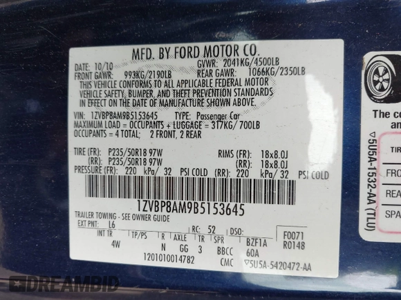 2011 Ford Mustang V6 with VIN 1ZVBP8AM9B5153645, listed as a IAAI auction lot 42109795 with 124,055 mi miles and . Bid and sale history available at carsss.com. Image 9.