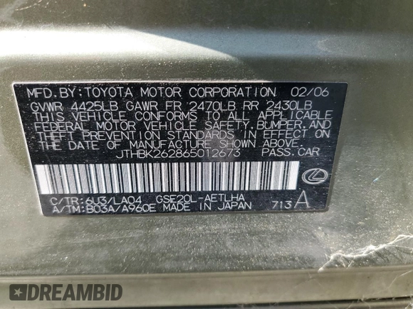 2006 Lexus IS 250 z VIN JTHBK262865012673, wystawiony jako Copart lot #59620345 z przebiegiem 169 413 mil mil oraz Czysty tytuł • Clean title. Historia ofert i sprzedaży dostępna na DreamBid. Obrazek 12.