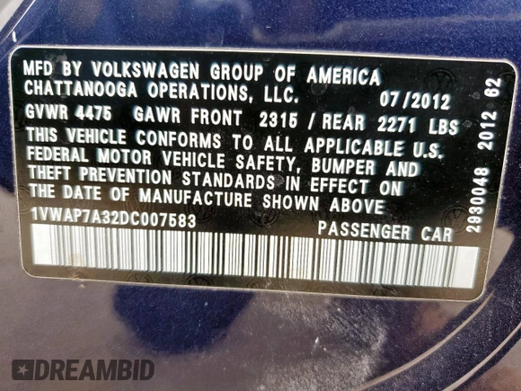 2013 Volkswagen Passat S с VIN 1VWAP7A32DC007583, выставлен на аукционе Copart как лот 46442615 с пробегом 137 210 миль миль и Списание • Salvage title. История ставок и продаж доступна на DreamBid. Изображение 13.