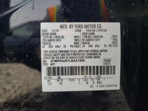 2020 Ford Edge SEL with VIN 2FMPK4J97LBA21908, listed as a Copart auction lot 48910935 with 53,747 mi miles and Salvage Title. Bid and sale history available at DreamBid. Image 13.