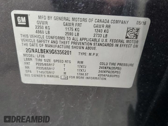 2016 Chevrolet Equinox LS with VIN 2GNALBEK9G6356201, listed as a Copart auction lot 54796545 with 163,020 mi miles and Clean Title. Bid and sale history available at DreamBid. Image 13.