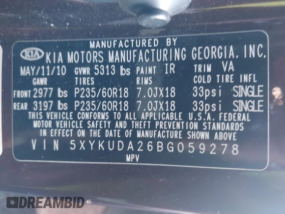 2011 Kia Sorento EX with VIN 5XYKUDA26BG059278, listed as a IAAI auction lot 42236023 with 197,740 mi miles and . Bid and sale history available at DreamBid. Image 9.