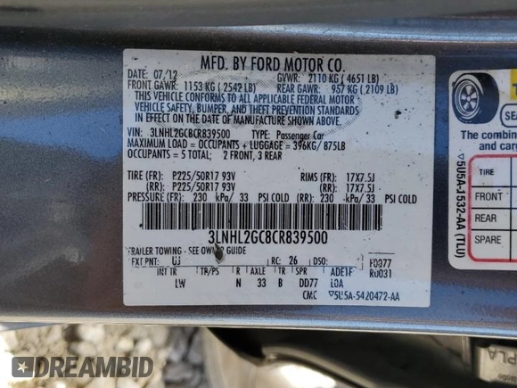 2012 Lincoln MKZ with VIN 3LNHL2GC8CR839500, listed as a Copart auction lot 80029124 with Not Provided miles and Clean Title. Bid and sale history available at DreamBid. Image 13.