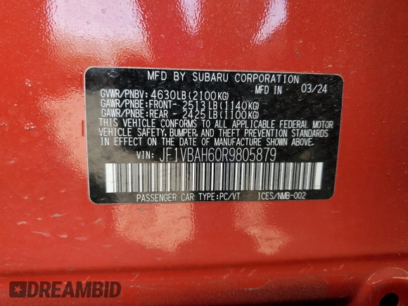 2024 Subaru WRX Premium with VIN JF1VBAH60R9805879, listed as a Copart auction lot 54992275 with 6,856 mi miles and Salvage title. Bid and sale history available at DreamBid. Image 13.