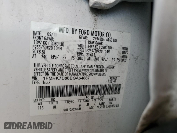 2011 Ford Explorer XLT с VIN 1FMHK7D86BGA64667, выставлен на аукционе Copart как лот 53085505 с пробегом Не указан миль и Чистый • Clean title. История ставок и продаж доступна на DreamBid. Изображение 13.
