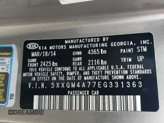 2014 Kia Optima LX with VIN 5XXGM4A77EG331363, listed as a Copart auction lot 53733755 with 135,081 mi miles and Salvage title. Bid and sale history available at DreamBid. Image 12.