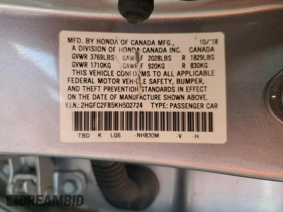 2019 Honda Civic Sport with VIN 2HGFC2F85KH502724, listed as a Copart auction lot 53750895 with 112,750 mi miles and Salvage Title. Bid and sale history available at DreamBid. Image 13.