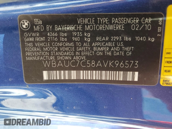 2010 BMW 1 Series 135i with VIN WBAUC7C58AVK96573, listed as a Copart auction lot 74571844 with Not Provided miles and Non Repairable. Bid and sale history available at carsss.com. Image 12.