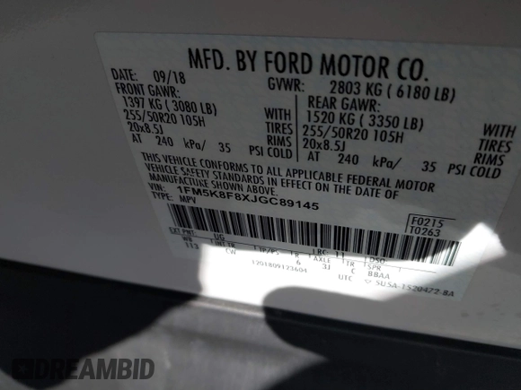 2018 Ford Explorer Limited with VIN 1FM5K8F8XJGC89145, listed as a IAAI auction lot 41277839 with 91,243 mi miles and . Bid and sale history available at carsss.com. Image 9.